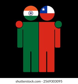 Flat illustration of two human figures with India and Chile flags as heads. Minimalistic design, isolated background.