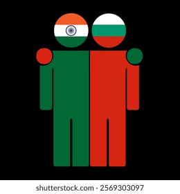 Flat illustration of two human figures with India and Bulgaria flags as heads. Minimalistic design, isolated background.