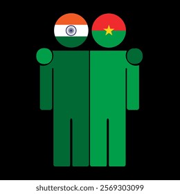 Flat illustration of two human figures with India and Burkina Faso flags as heads. Minimalistic design, isolated background.