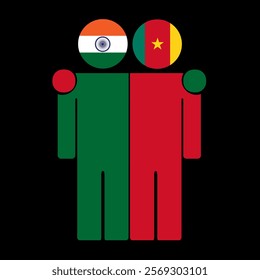 Flat illustration of two human figures with India and Cameroon flags as heads. Minimalistic design, isolated background.