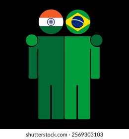 Flat illustration of two human figures with India and Brazil flags as heads. Minimalistic design, isolated background.