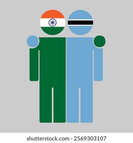 Flat illustration of two human figures with India and Botswana flags as heads. Minimalistic design, isolated background.