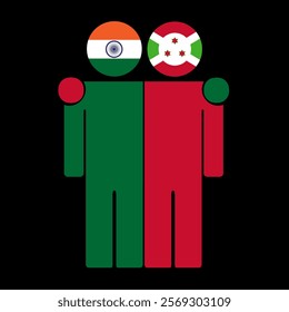 Flat illustration of two human figures with India and Burundi flags as heads. Minimalistic design, isolated background.