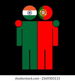 Flat illustration of two human figures with India and Portugal flags as heads. Minimalistic design, isolated background.