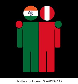 Flat illustration of two human figures with India and Peru flags as heads. Minimalistic design, isolated background.