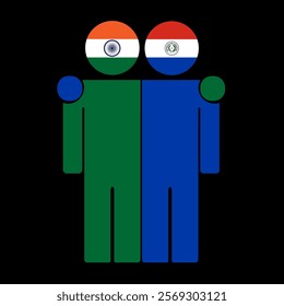 Flat illustration of two human figures with India and Paraguay flags as heads. Minimalistic design, isolated background.