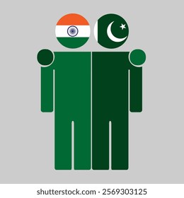 Flat illustration of two human figures with India and Pakistan flags as heads. Minimalistic design, isolated background.