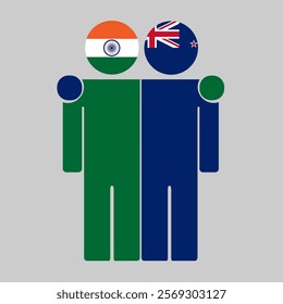 Flat illustration of two human figures with India and New Zealand flags as heads. Minimalistic design, isolated background.