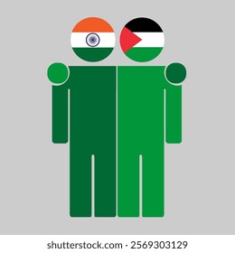 Flat illustration of two human figures with India and Palestine flags as heads. Minimalistic design, isolated background.