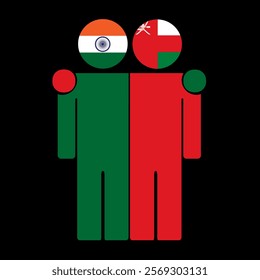 Flat illustration of two human figures with India and Oman flags as heads. Minimalistic design, isolated background.