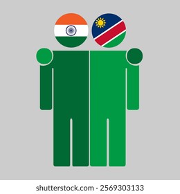 Flat illustration of two human figures with India and Namibia flags as heads. Minimalistic design, isolated background.