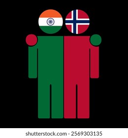 Flat illustration of two human figures with India and Norway flags as heads. Minimalistic design, isolated background.