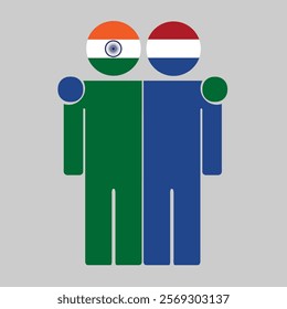 Flat illustration of two human figures with India and Netherlands flags as heads. Minimalistic design, isolated background.