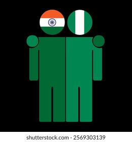 Flat illustration of two human figures with India and Nigeria flags as heads. Minimalistic design, isolated background.