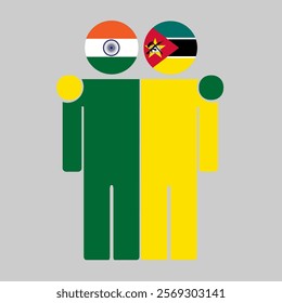 Flat illustration of two human figures with India and Mozambique flags as heads. Minimalistic design, isolated background.