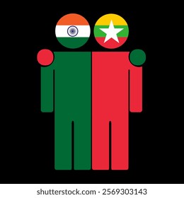 Flat illustration of two human figures with India and Myanmar flags as heads. Minimalistic design, isolated background.