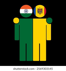 Flat illustration of two human figures with India and Moldova flags as heads. Minimalistic design, isolated background.