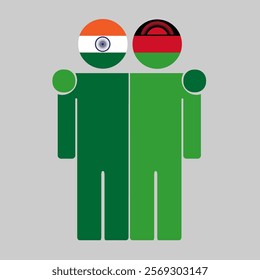 Flat illustration of two human figures with India and Malawi flags as heads. Minimalistic design, isolated background.