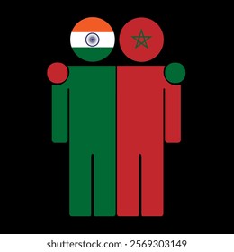 Flat illustration of two human figures with India and Morocco flags as heads. Minimalistic design, isolated background.