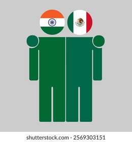 Flat illustration of two human figures with India and Mexico flags as heads. Minimalistic design, isolated background.