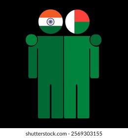 Flat illustration of two human figures with India and Madagascar flags as heads. Minimalistic design, isolated background.