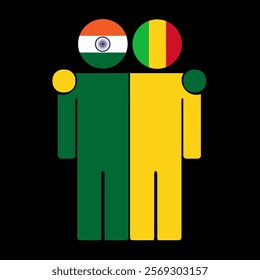 Flat illustration of two human figures with India and Mali flags as heads. Minimalistic design, isolated background.