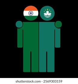 Flat illustration of two human figures with India and Macau China flags as heads. Minimalistic design, isolated background.