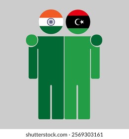 Flat illustration of two human figures with India and Libya flags as heads. Minimalistic design, isolated background.