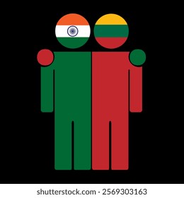 Flat illustration of two human figures with India and Lithuania flags as heads. Minimalistic design, isolated background.