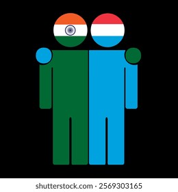 Flat illustration of two human figures with India and Luxembourg flags as heads. Minimalistic design, isolated background.