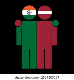 Flat illustration of two human figures with India and Latvia flags as heads. Minimalistic design, isolated background.