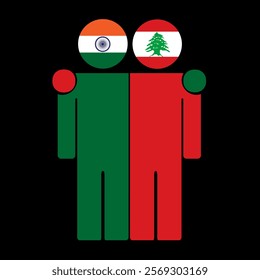 Flat illustration of two human figures with India and Lebanon flags as heads. Minimalistic design, isolated background.