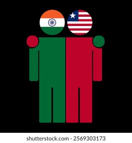 Flat illustration of two human figures with India and Liberia flags as heads. Minimalistic design, isolated background.