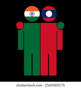 Flat illustration of two human figures with India and Laos flags as heads. Minimalistic design, isolated background.