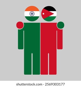 Flat illustration of two human figures with India and Jordan flags as heads. Minimalistic design, isolated background.