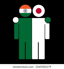 Flat illustration of two human figures with India and Japan flags as heads. Minimalistic design, isolated background.