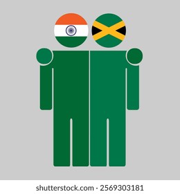 Flat illustration of two human figures with India and Jamaica flags as heads. Minimalistic design, isolated background.