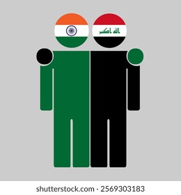 Flat illustration of two human figures with India and Iraq flags as heads. Minimalistic design, isolated background.