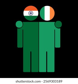 Flat illustration of two human figures with India and  flags as heads. Minimalistic design, isolated background.