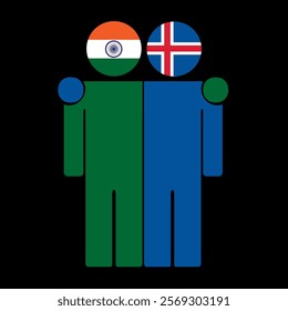 Flat illustration of two human figures with India and Iceland flags as heads. Minimalistic design, isolated background.