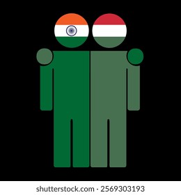 Flat illustration of two human figures with India and Hungary flags as heads. Minimalistic design, isolated background.