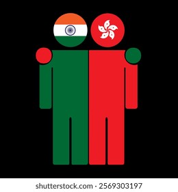 Flat illustration of two human figures with India and Hong Kong flags as heads. Minimalistic design, isolated background.