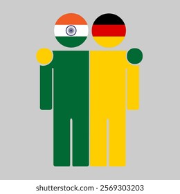 Flat illustration of two human figures with India and Germany flags as heads. Minimalistic design, isolated background.