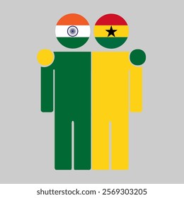 Flat illustration of two human figures with India and Ghana flags as heads. Minimalistic design, isolated background.