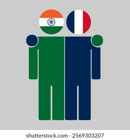 Flat illustration of two human figures with India and France flags as heads. Minimalistic design, isolated background.