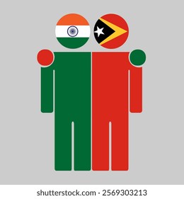 Flat illustration of two human figures with India and East Timor flags as heads. Minimalistic design, isolated background.