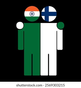 Flat illustration of two human figures with India and Finland flags as heads. Minimalistic design, isolated background.