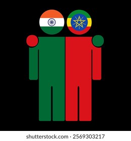 Flat illustration of two human figures with India and Ethiopia flags as heads. Minimalistic design, isolated background.