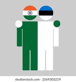 Flat illustration of two human figures with India and Estonia flags as heads. Minimalistic design, isolated background.