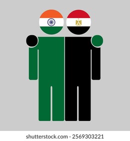 Flat illustration of two human figures with India and Egypt flags as heads. Minimalistic design, isolated background.